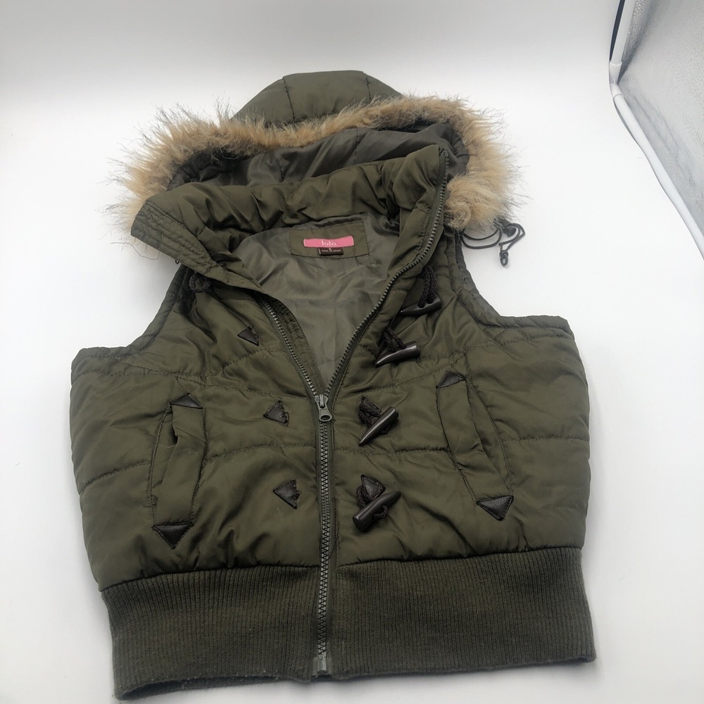 Lola Womens Puffer Vest Hoodie Zipper Front Moss Green Size Small Polyester